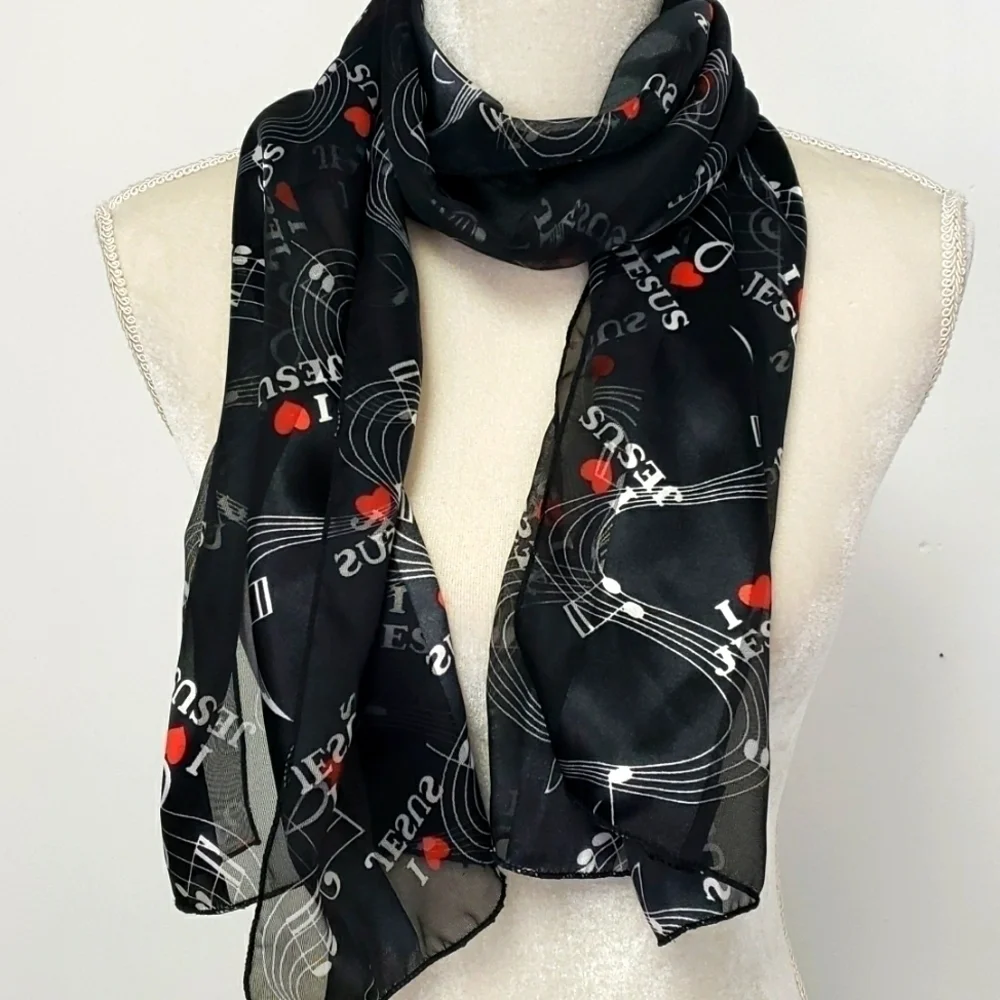 SCARF I ❤ (love) Jesus With Musical Design Black White & Red 60